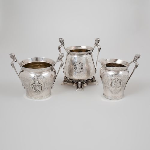 Three C.A Stevens & Co. Egyptian Revival Silver Teawares 