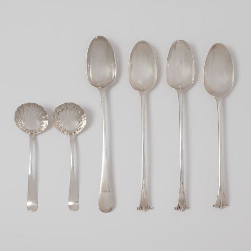 Group of Four George III Silver Serving Spoons and a Pair of Irish Ladles