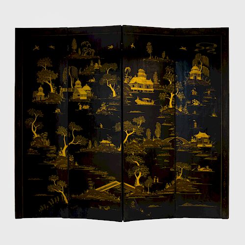 Chinoiserie Painted and Parcel-Gilt Canvas Four Panel Screen