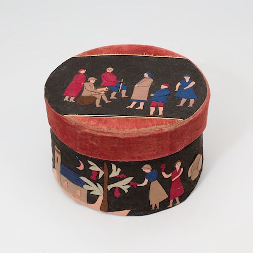 Folk Art Style Fabric Covered Hat Box Embroidered with Figures