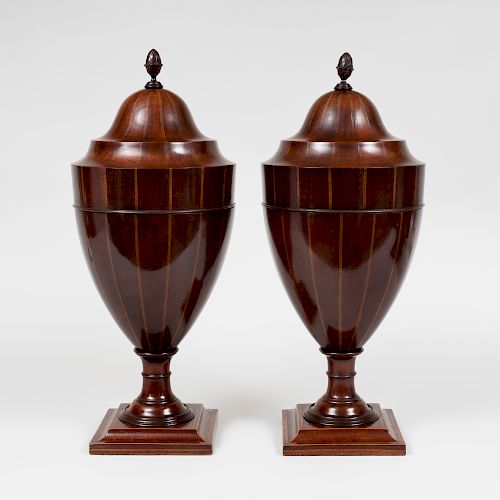 Pair of Edwardian Inlaid Mahogany Cutlery Urns