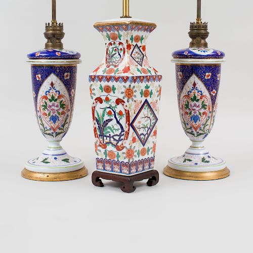 Pair of Continental Painted and Parcel-Gilt Opaline Glass Vases and Covers, Mounted as a Lamp