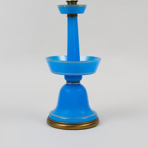 French Gilt-Decorated Blue Opaline Glass Candlestick, Mounted as a Lamp