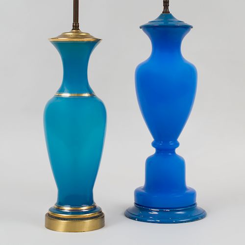 Two of French Gilt-Decorated Blue Opaline Glass Vases, Mounted as Lamps
