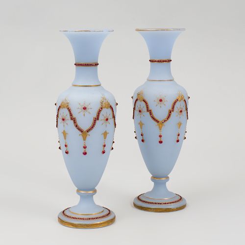 Pair of Gilt-Decorated Light Blue Glass Vases with Applied Glass Decoration