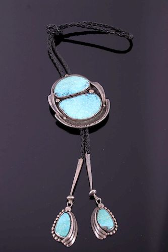 Early Old Pawn Navajo Fox Turquoise Bolo Tie