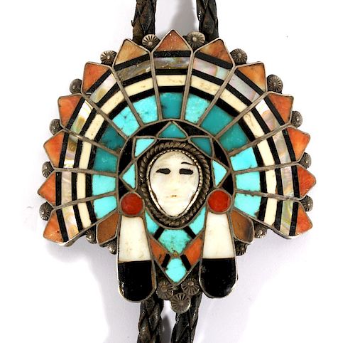 Zuni Mosaic Inlay Chief's Head Bolo Tie