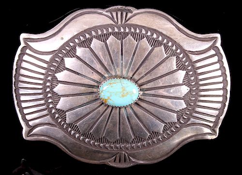 Signed Navajo Royston Turquoise Silver Belt Buckle