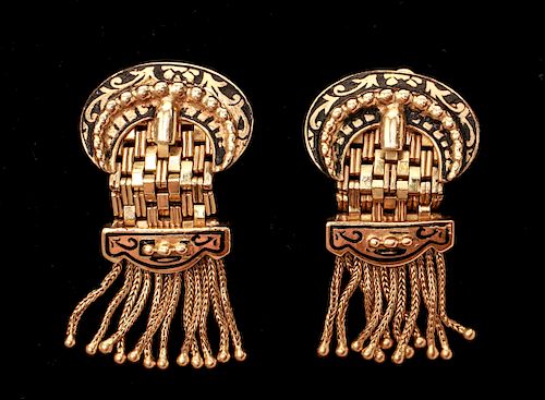 14K Gold & Enamel Buckle Motif Tassels Earrings