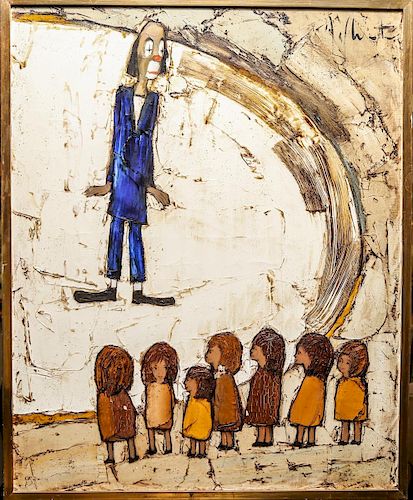 Illegibly Signed Clown with Children Oil on Canvas