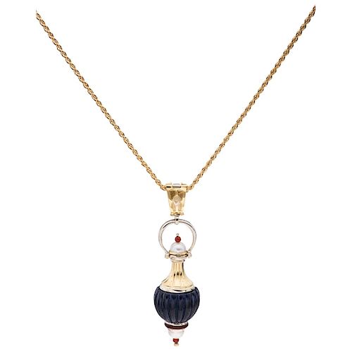 A lapis lazuli, cornelian and half-pearl 18K yellow and white gold necklace and perfume bottle pendant.
