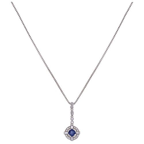 A sapphire and diamond 18K and 14K white gold necklace and pendant.