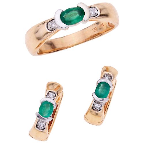 An emerald and diamond 14K yellow gold ring and pair of earrings set.
