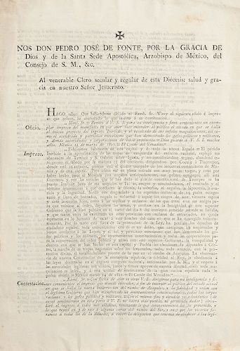 Fonte, Pedro José de. Manifiesto sobre la Traición de Iturbide al Ejército Realista. México, Alexandro Valdés, 1821. 30.5 x 21 cm. 2 h.