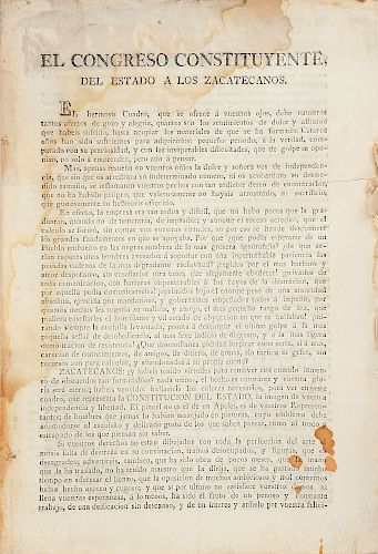 Arrieta, Francisco de. El Congreso Constituyente del Estado a los Zacatecanos. Zacatecas, Mazo 8 de 1825.