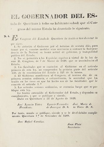 Canalizo, José Rafael - Plata, Juan. Decreto sobre Medidas para Mantener la Soberanía Nacional. Querétaro, 1829. 30.7 x 21.4 cm.