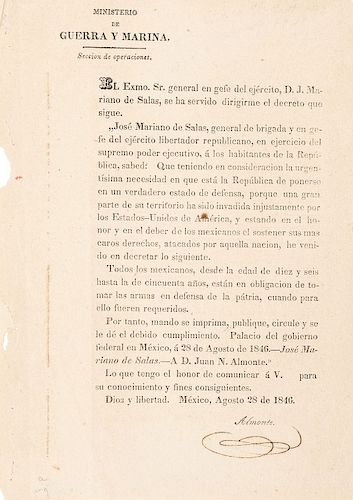 Salas, José Mariano - Almonte, Juan N. Circular sobre Estado de Defensa y la Obligación para tomar las Armas... 1846.Rúbrica de Almonte