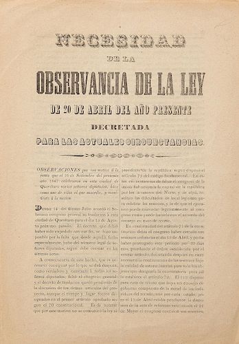 Echeverria, Pascacio. Necesidad de la Observancia de la Ley de 20 de Abril... Querétaro, septiembre 27 de 1847.