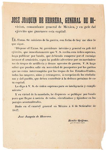 Herrera, José Joaquín de. Orden Suprema. Considerando una Invasión a la Ciudad de México por E. U. A. México, septiembre 6 de 1847.