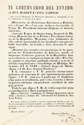 López de Santa Anna, Antonio. Bando para Cambio de Residencia del Supremo Gobierno, 14 Sep. 1847. San Luis Potosí, Sep. 18 de 1847.