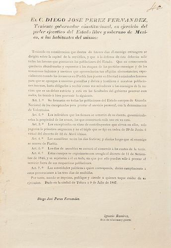 Pérez Fernández, Diego José. Decreto del Gobernador sobre la Formación de Cuerpos de Guardia Nacional... Toluca, julio 9 de 1847.