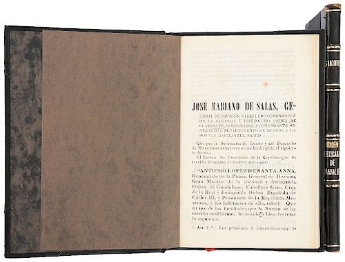 Diez de Bonilla, Manuel / Salas, José Mariano. Estatutos de la Nacional y Distinguida Orden Mexicana de Guadalupe... Méx, 1853. Pzs: 2.