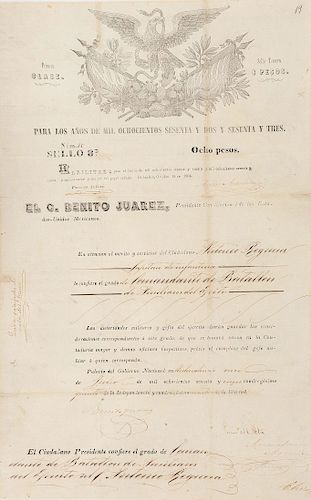 Juárez, Benito. Nombramiento a Antonio Requena. México, 1865. Firma. 42.5 x 26.8 cm.
