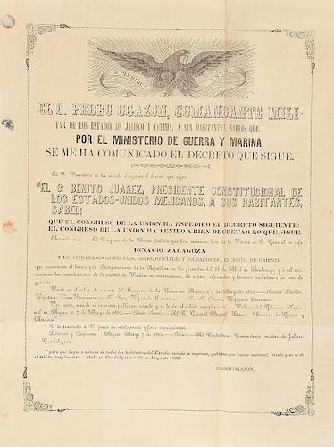 Juárez, Benito - Ogazón, Pedro. Decreto por el que se Declaran Héroes a Ignacio Zaragoza y al Ejército de Oriente. Guadalajara, 1862.