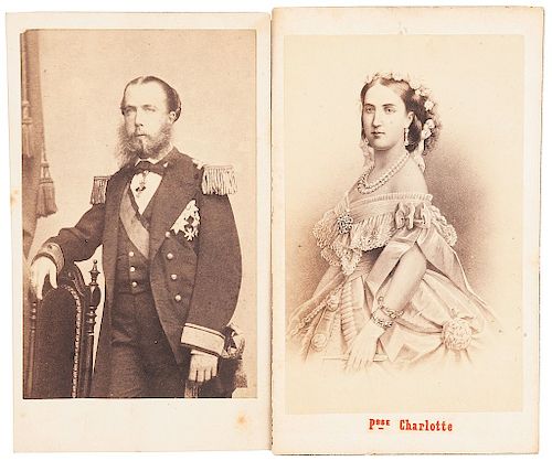 Neurdein. Retratos de Maximiliano y Carlota. París, ca. 1870. Tarjetas de visita. Una con marca del fotógrafo al reverso. Piezas: 2.