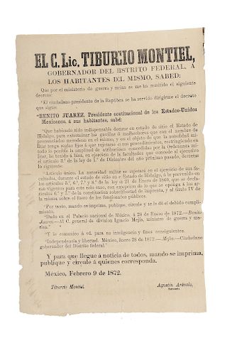 Juárez, Benito - Montiel, Tiburcio - Arévalo, Agustín. Decreto para Exterminar Gavillas de Malhechores. México, 1872. 32.4 x 21.5 cm.