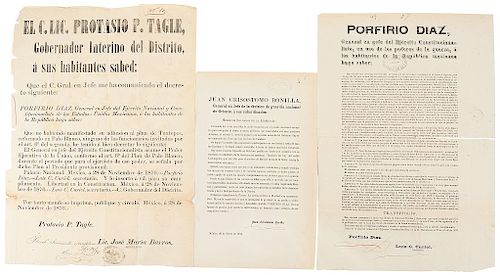 Díaz, Porfirio / Tagle, Protasio. P. / Crisóstomo Bonilla, Juan. Decretos.  México, 1876-77. Piezas: 3.