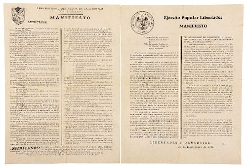 Liga Nacional Defensora de la Libertad / Ejército Popular Libertador. Manifiestos. México, 1936. 25 x 19 cm. Piezas: 2.