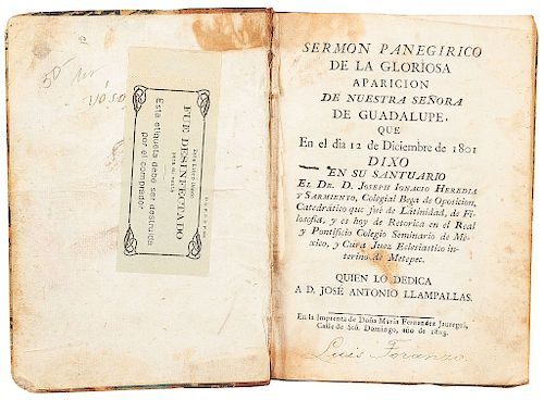 Heredia y Sarmiento, Joseph Ignacio. Sermón Panegírico de la Gloriosa Aparición de Nuestra Señora de Guadalupe. México, 1803.
