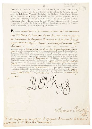 Yo El Rey (Carlos IV). "V. M. confiere la Compañía de Dragones Provinciales de la Villa de Cadereyta a Pedro de Herrera Leyva.... 1799.