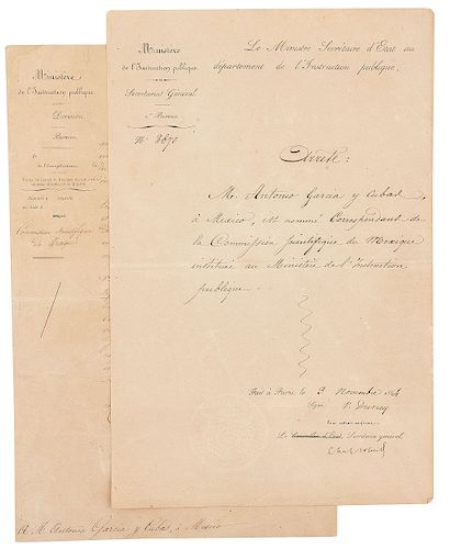 Duruy, Victor. Carta / Nombramiento; dirigidos a Antonio García Cubas como Miembro Correspondiente de la Comisión Científica... Pzas: 2