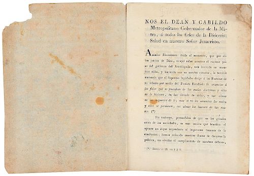 Lavarta, Nicasio - Villa-Urrutia, Ciro de - Irisarri, Juan Manuel... Prohibición sobre obras anticatólicas. México, 1826.