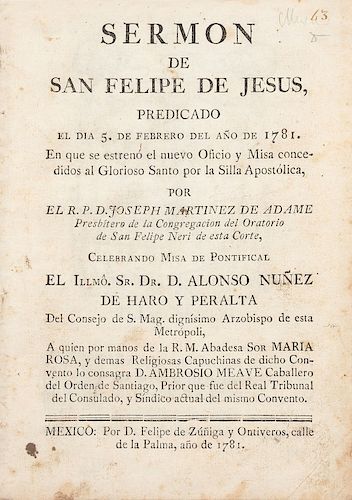 Martínez de Adame, Joseph. Sermón de San Felipe de Jesús Predicado el día 5 de Febrero del año 1781. México, 1781. Grabado.