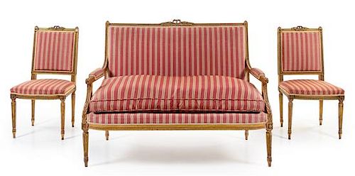 * A Louis XVI Style Giltwood Salon Suite Height of settee 41 x width 54 x depth 32 inches.