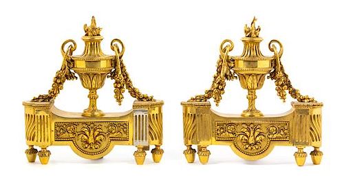 A Pair of Louis XVI Style Gilt Bronze Chenets Width 10 1/2 inches.