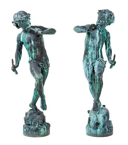 * A Pair of French Patinated Bronze Figures Height 53 x width 18 x depth 18 inches.