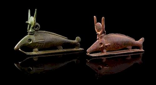 * Two Egyptian Bronze Oxyrynchos Fish Width of first 4 1/2 inches.