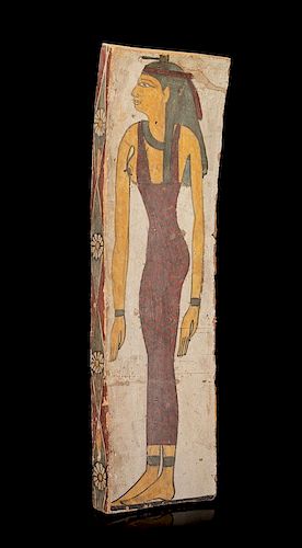 * An Egyptian Painted Wood Coffin Panel Height 37 x width 10 1/2 inches.