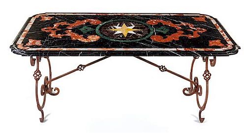 A Pietra Dura Table Top with a Wrought Iron Base Height 30 x width 70 inches.