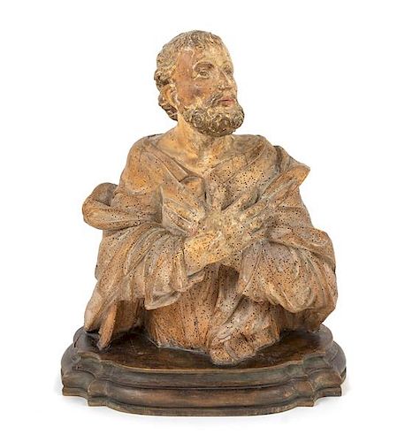 A Carved Wood Bust of A Saint Height 20 3/4 inches.