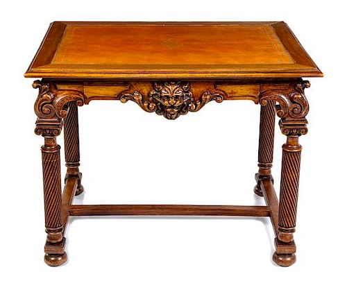 A Continental Baroque Walnut Writing Table Height 30 x width 38 x depth 28 inches.