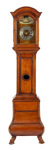 A Dutch Walnut Tall Case Clock Height 82 7/8 x width 22 x depth 13 inches.