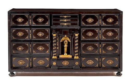 A Flemish Style Gilt Metal and Bronze Mounted Mahogany Cabinet Height 24 1/8 x width 42 x depth 12 1/4 inches.