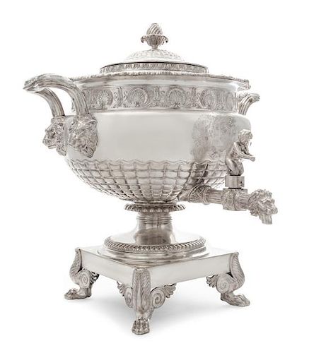 A George III Silver Tea Urn, Paul Storr, London, 1813, the domed lid with a blossom finial, the body with a gadroon and rocaille