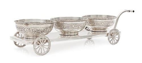An American Silver Condiment Trolley, George L. Vose Mfg. Co., Providence, RI, First Half 20th Century, set with three dishes, r