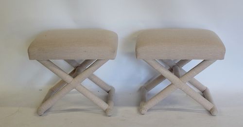 A  Vintage Pair Of Upholstered X Form Benches